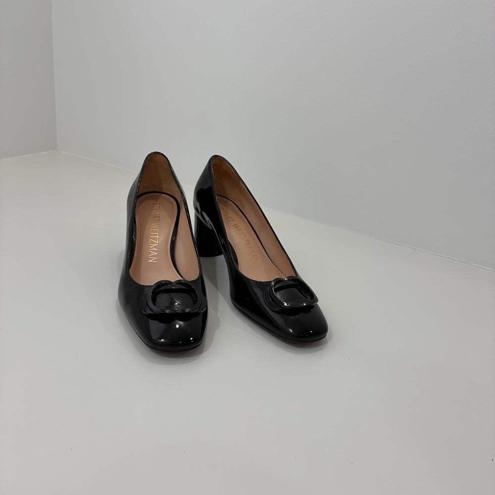 Stuart Weitzman Black Patent Leather Block Heel Square Toe Buckle Pumps 7.5B
